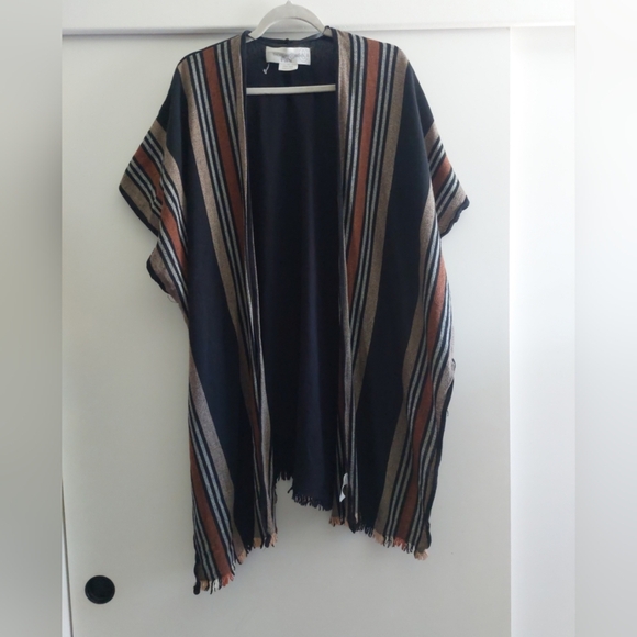 Black Brown Stripes Open Front  Bohemian Aztec Kimono Poncho Wearable Scarf - Picture 3 of 9
